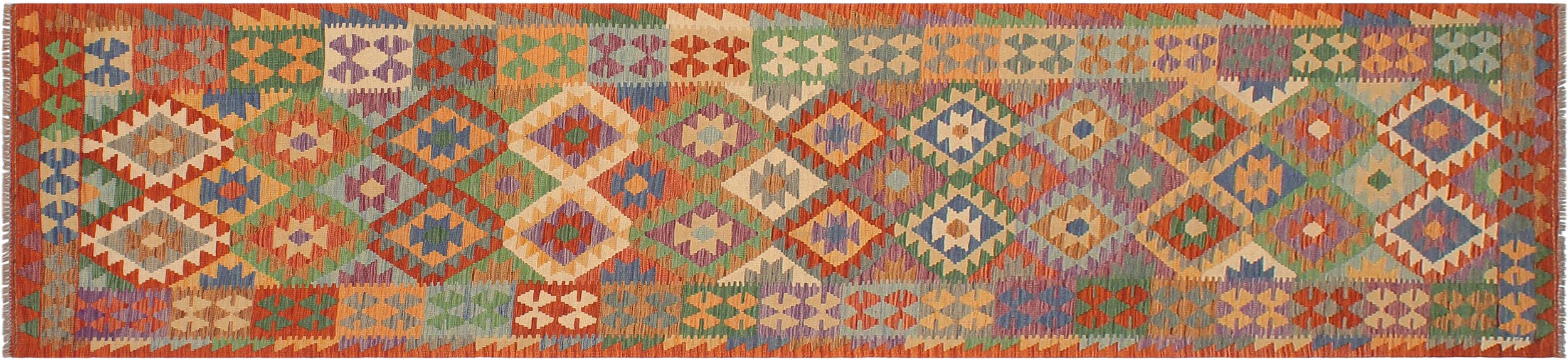 handmade Geometric Kilim Rust Blue Hand-Woven RUNNER 100% WOOL area rug 3 x 13