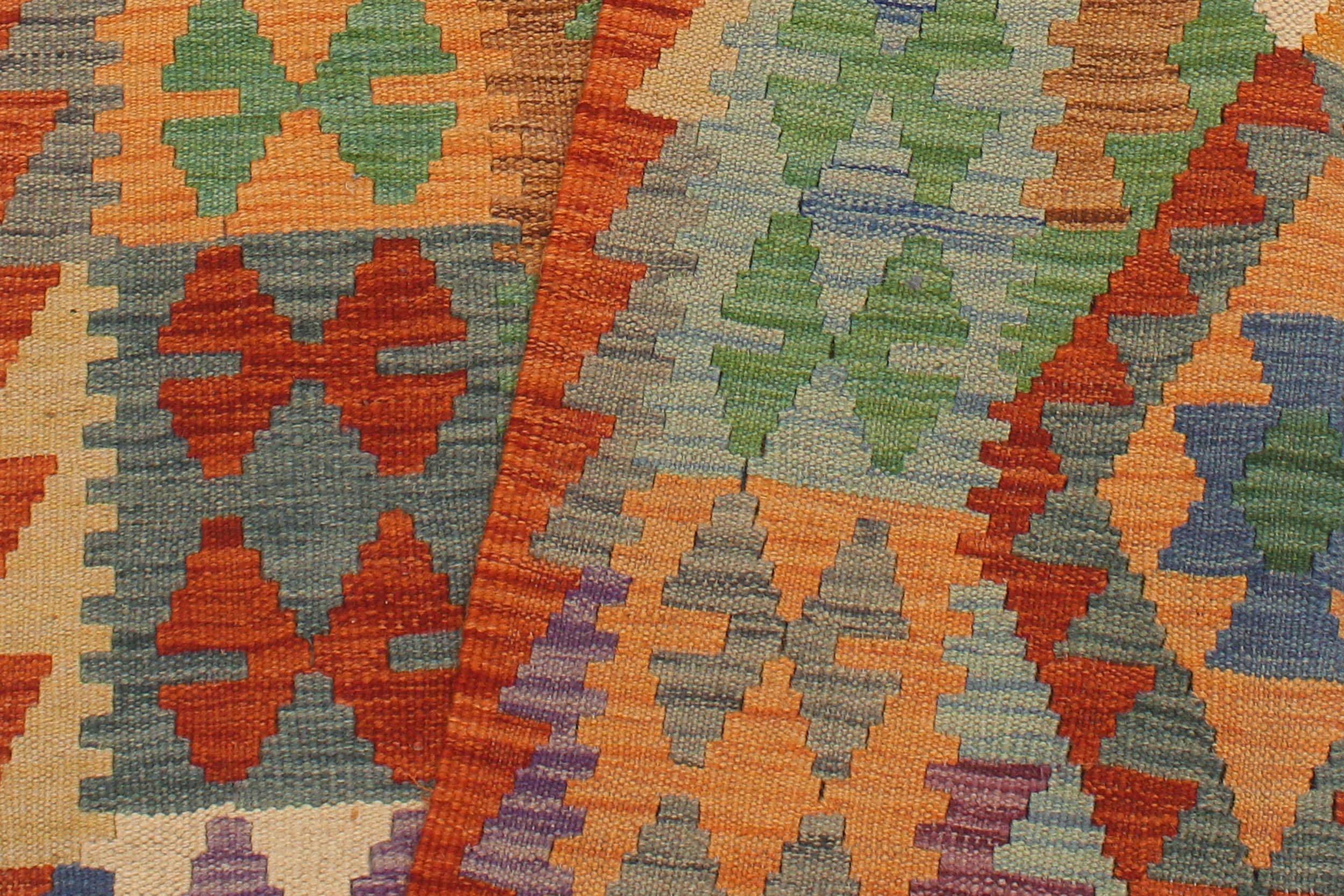 handmade Geometric Kilim Rust Blue Hand-Woven RUNNER 100% WOOL area rug 3 x 13