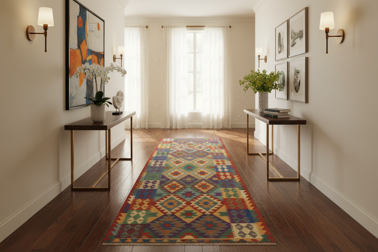 handmade Geometric Kilim Rust Blue Hand-Woven RUNNER 100% WOOL area rug 3 x 13