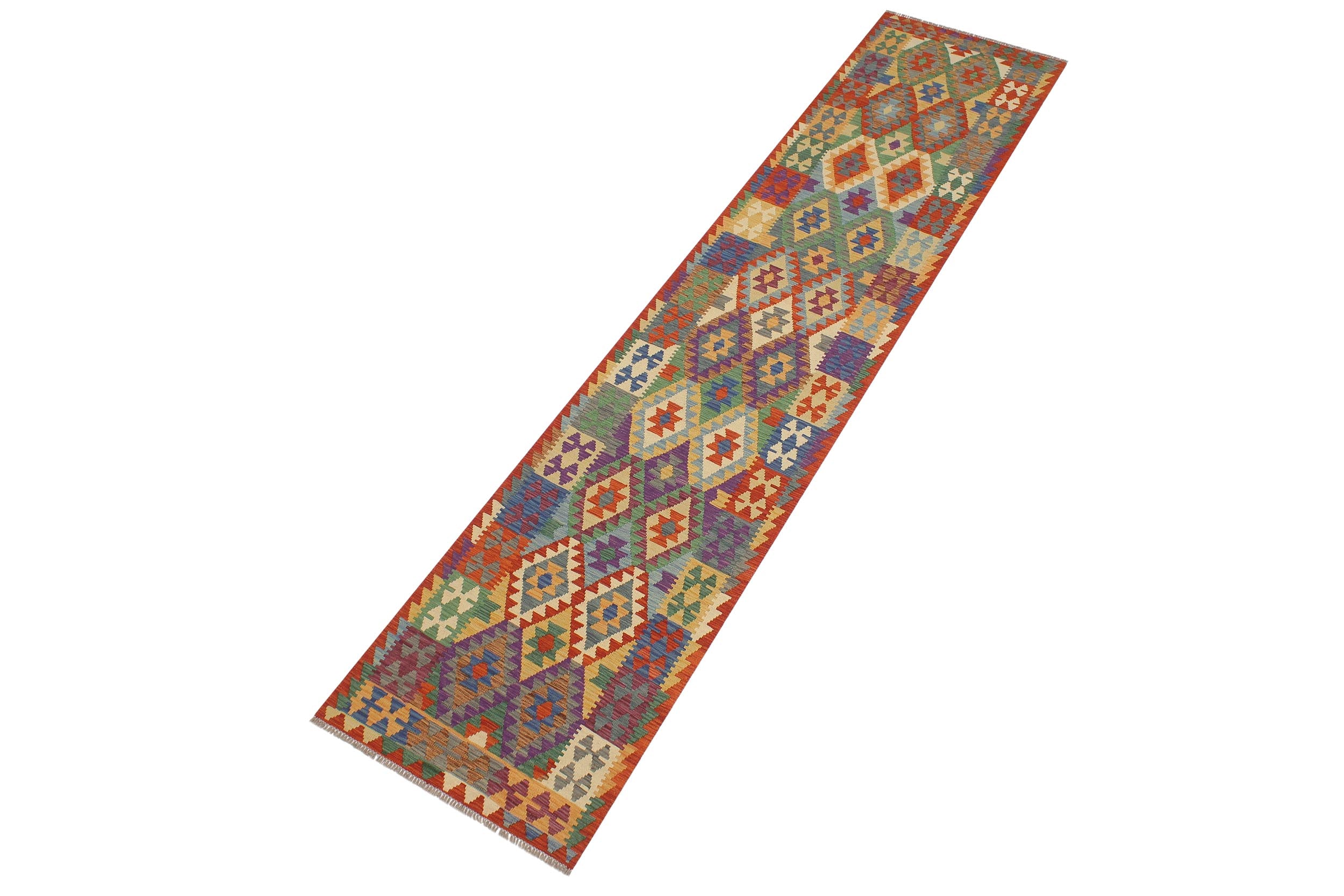 handmade Geometric Kilim Rust Blue Hand-Woven RUNNER 100% WOOL area rug 3 x 13