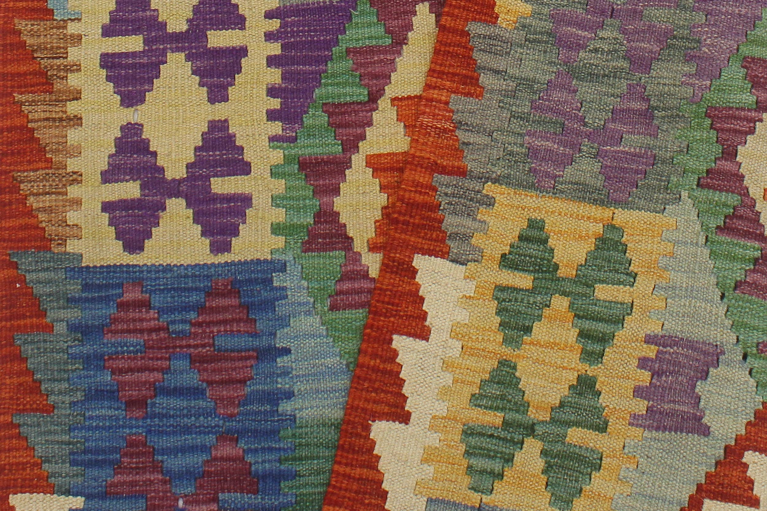 handmade Geometric Kilim Rust Blue Hand-Woven RUNNER 100% WOOL area rug 3 x 13