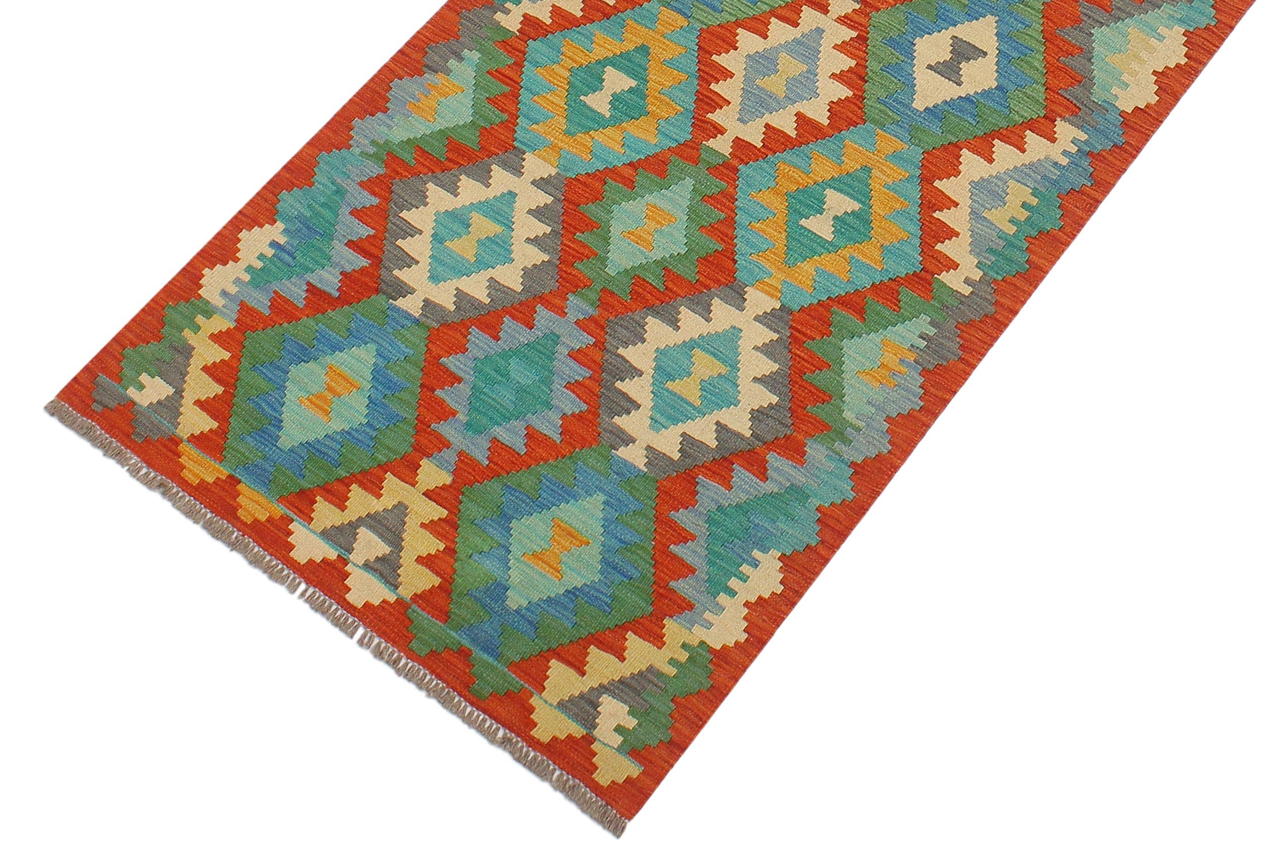 handmade Geometric Kilim Rust Blue Hand-Woven RUNNER 100% WOOL area rug 3 x 13