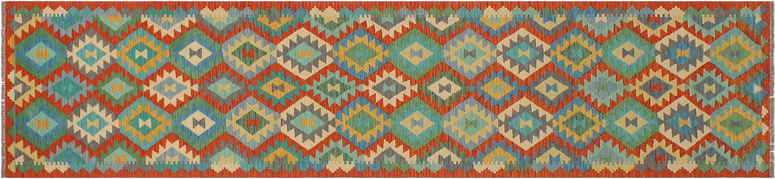 handmade Geometric Kilim Rust Blue Hand-Woven RUNNER 100% WOOL area rug 3 x 13