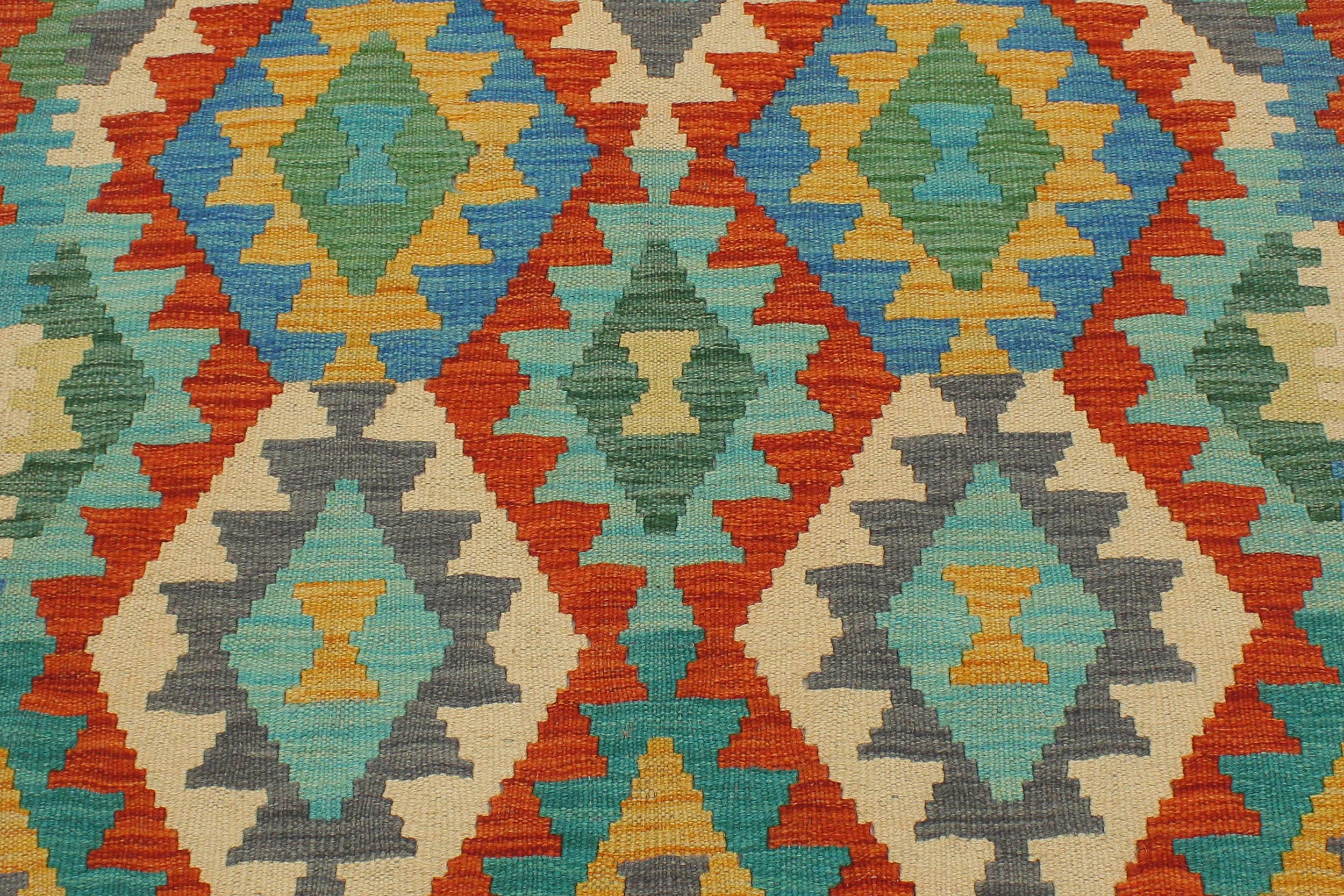 handmade Geometric Kilim Rust Blue Hand-Woven RUNNER 100% WOOL area rug 3 x 13