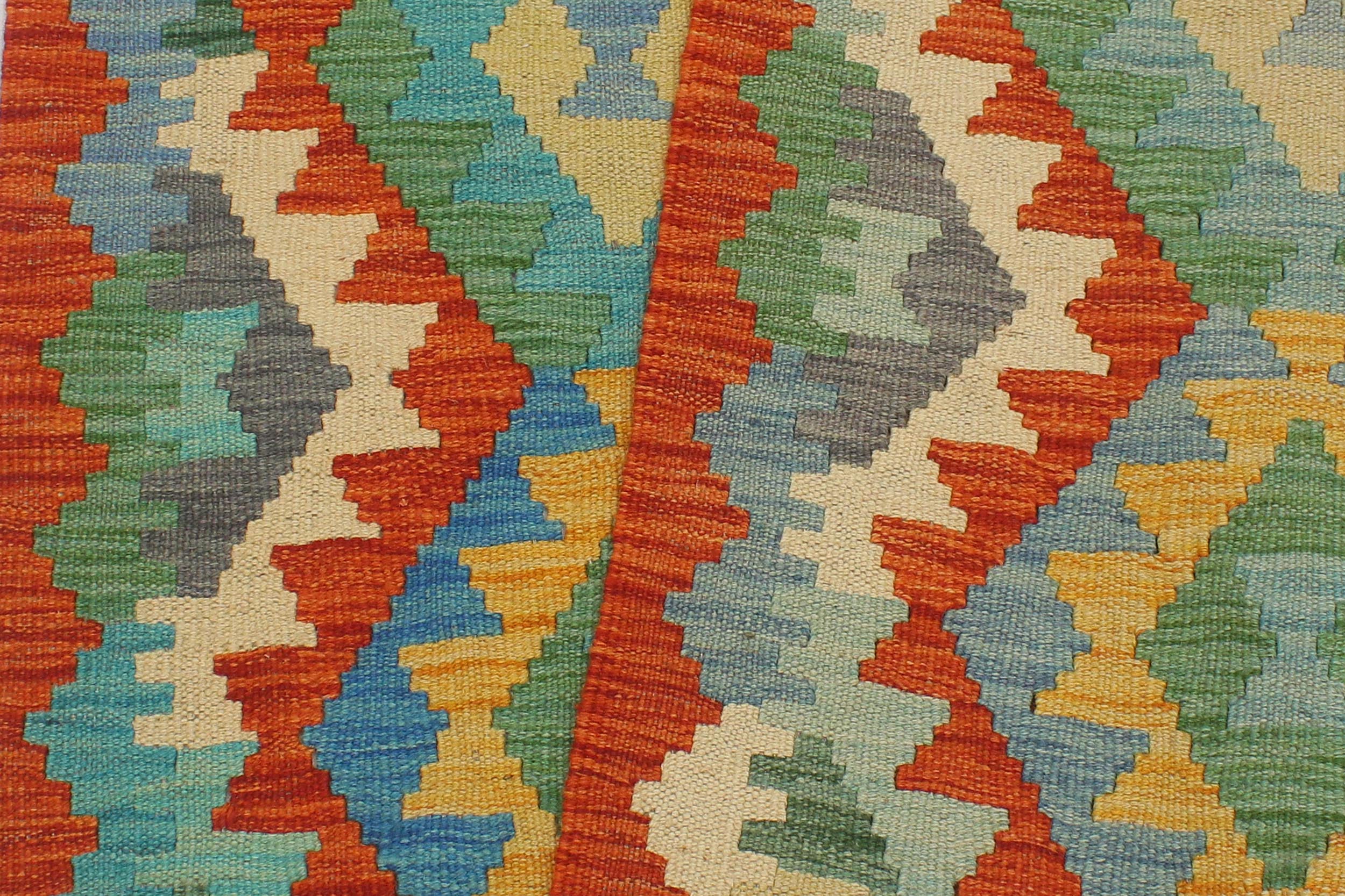 handmade Geometric Kilim Rust Blue Hand-Woven RUNNER 100% WOOL area rug 3 x 13