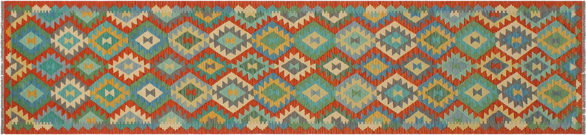 handmade Geometric Kilim Rust Blue Hand-Woven RUNNER 100% WOOL area rug 3 x 13