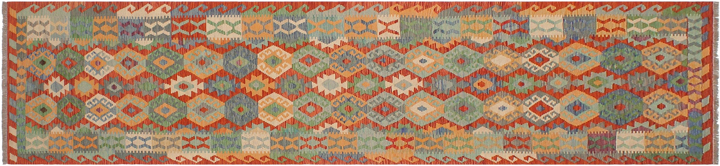 handmade Geometric Kilim Rust Blue Hand-Woven RUNNER 100% WOOL area rug 3 x 13