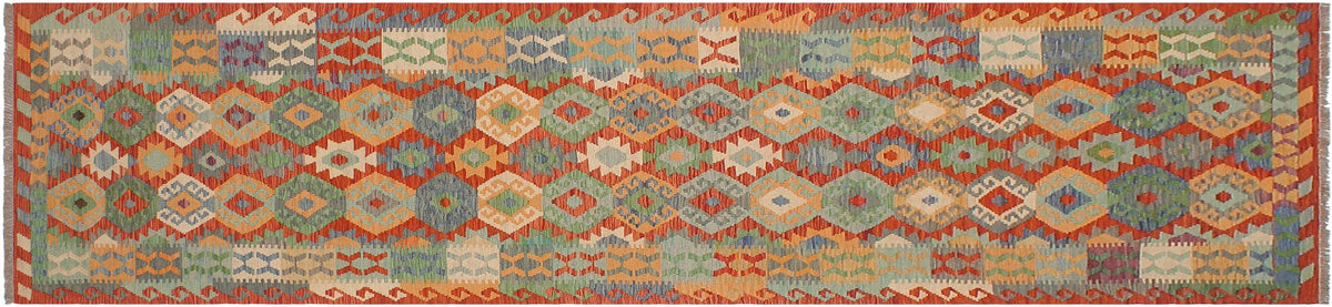 handmade Geometric Kilim Rust Blue Hand-Woven RUNNER 100% WOOL area rug 3 x 13