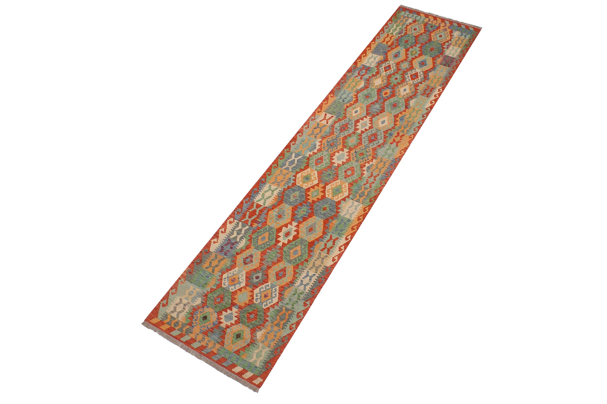 handmade Geometric Kilim Rust Blue Hand-Woven RUNNER 100% WOOL area rug 3 x 13