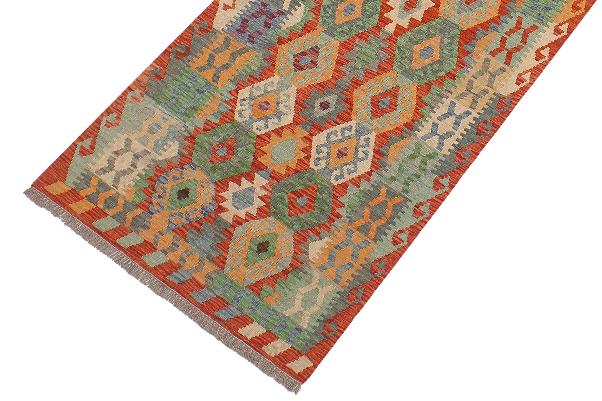 handmade Geometric Kilim Rust Blue Hand-Woven RUNNER 100% WOOL area rug 3 x 13