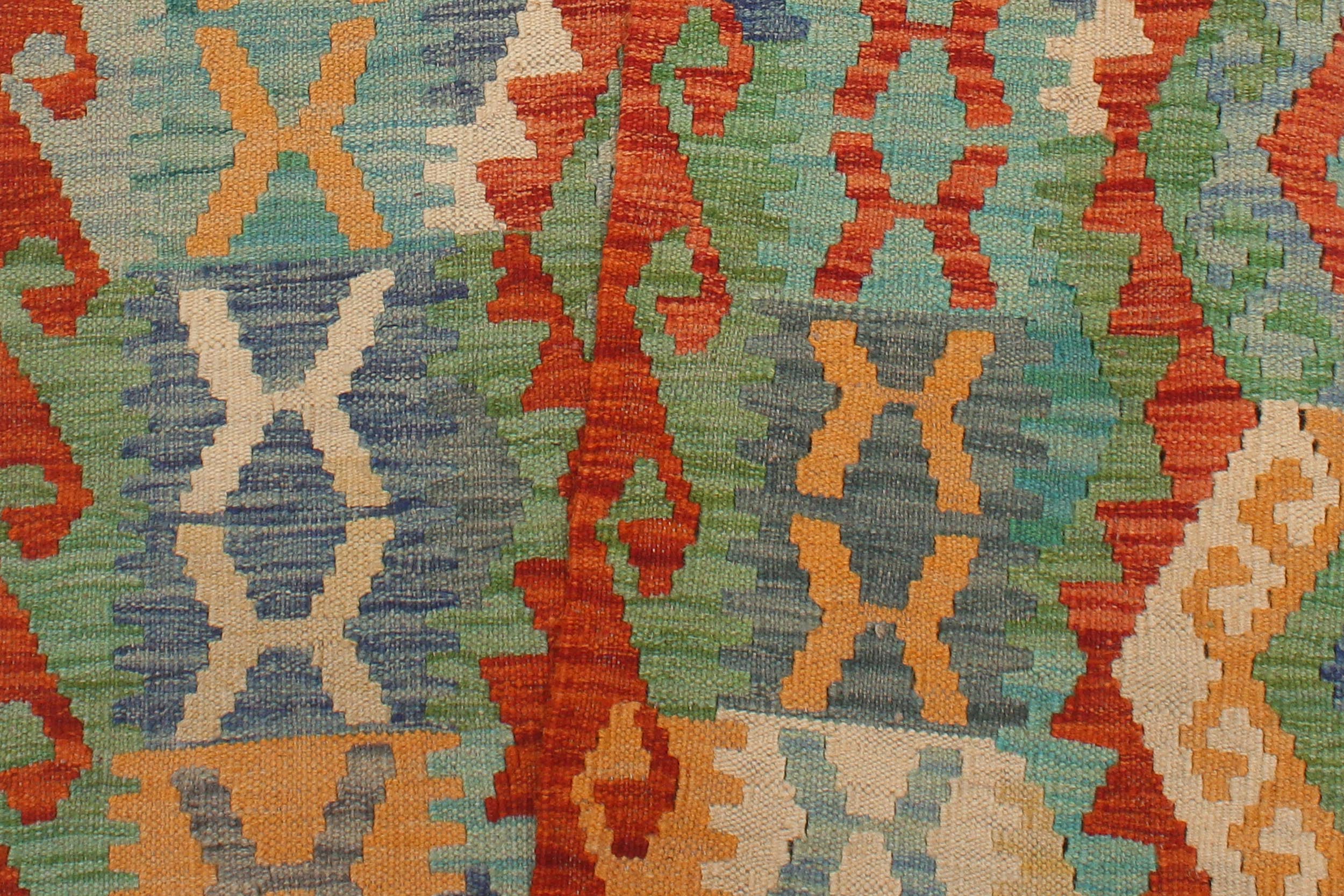 handmade Geometric Kilim Rust Blue Hand-Woven RUNNER 100% WOOL area rug 3 x 13