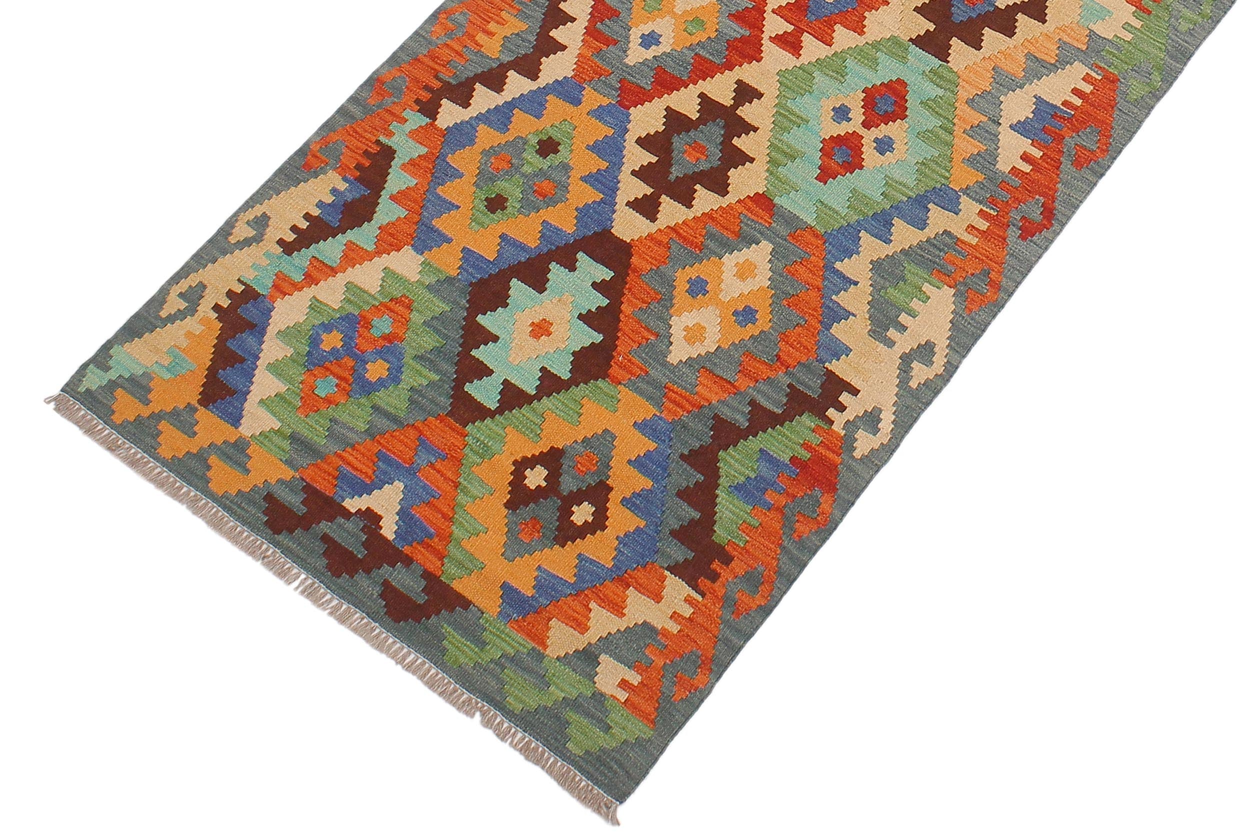 handmade Geometric Kilim Blue Rust Hand-Woven RUNNER 100% WOOL area rug 3 x 13