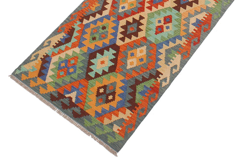 handmade Geometric Kilim Blue Rust Hand-Woven RUNNER 100% WOOL area rug 3 x 13