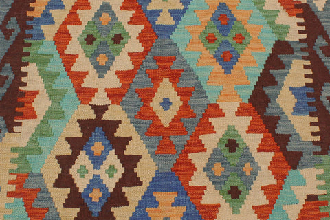 handmade Geometric Kilim Blue Rust Hand-Woven RUNNER 100% WOOL area rug 3 x 13