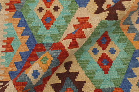 handmade Geometric Kilim Blue Rust Hand-Woven RUNNER 100% WOOL area rug 3 x 13