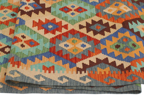 handmade Geometric Kilim Blue Rust Hand-Woven RUNNER 100% WOOL area rug 3 x 13