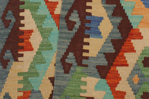 handmade Geometric Kilim Blue Rust Hand-Woven RUNNER 100% WOOL area rug 3 x 13