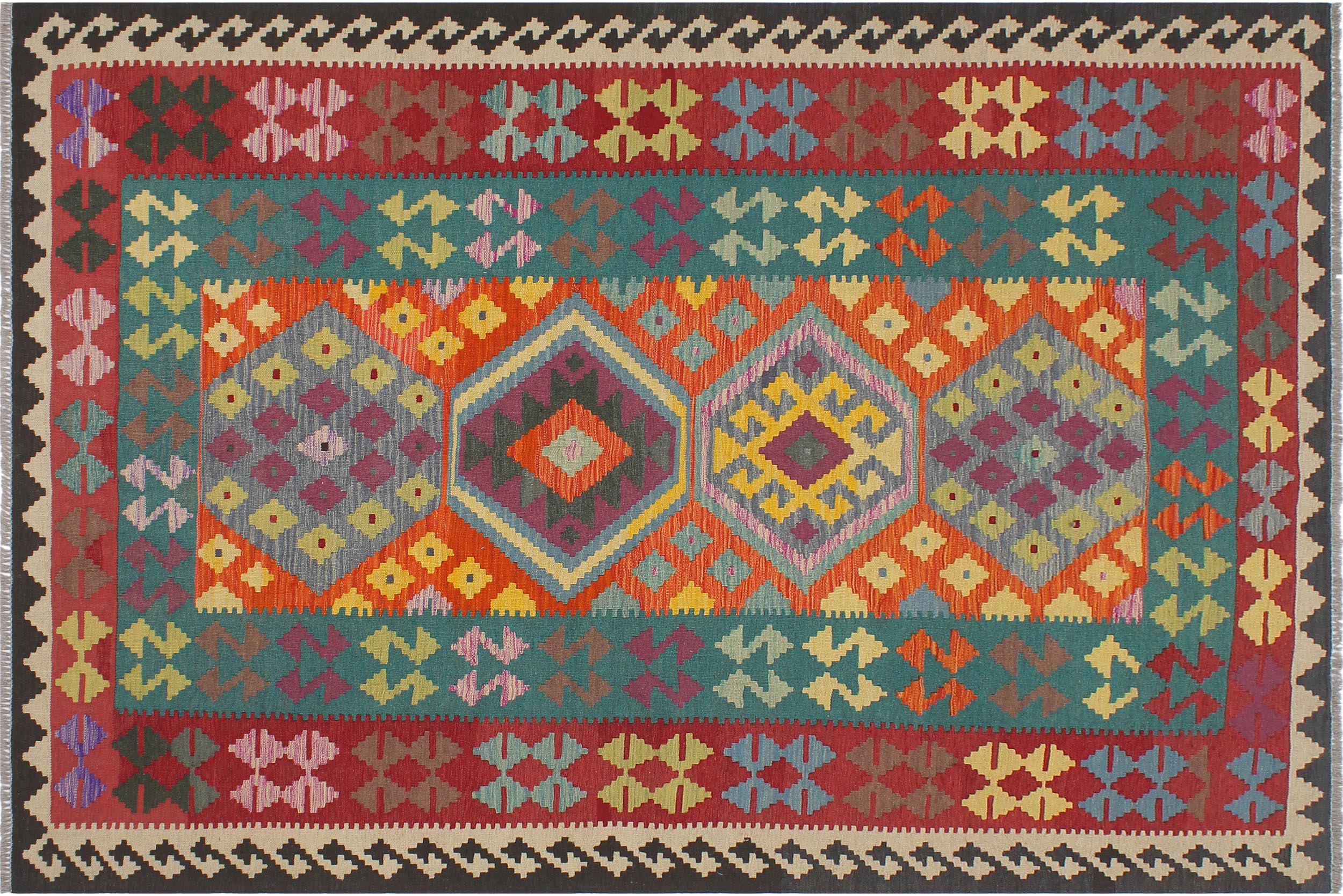 handmade Geometric Kilim Blue Red Hand-Woven RECTANGLE 100% WOOL area rug 6' x 8'