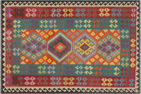 handmade Geometric Kilim Blue Red Hand-Woven RECTANGLE 100% WOOL area rug 6' x 8'