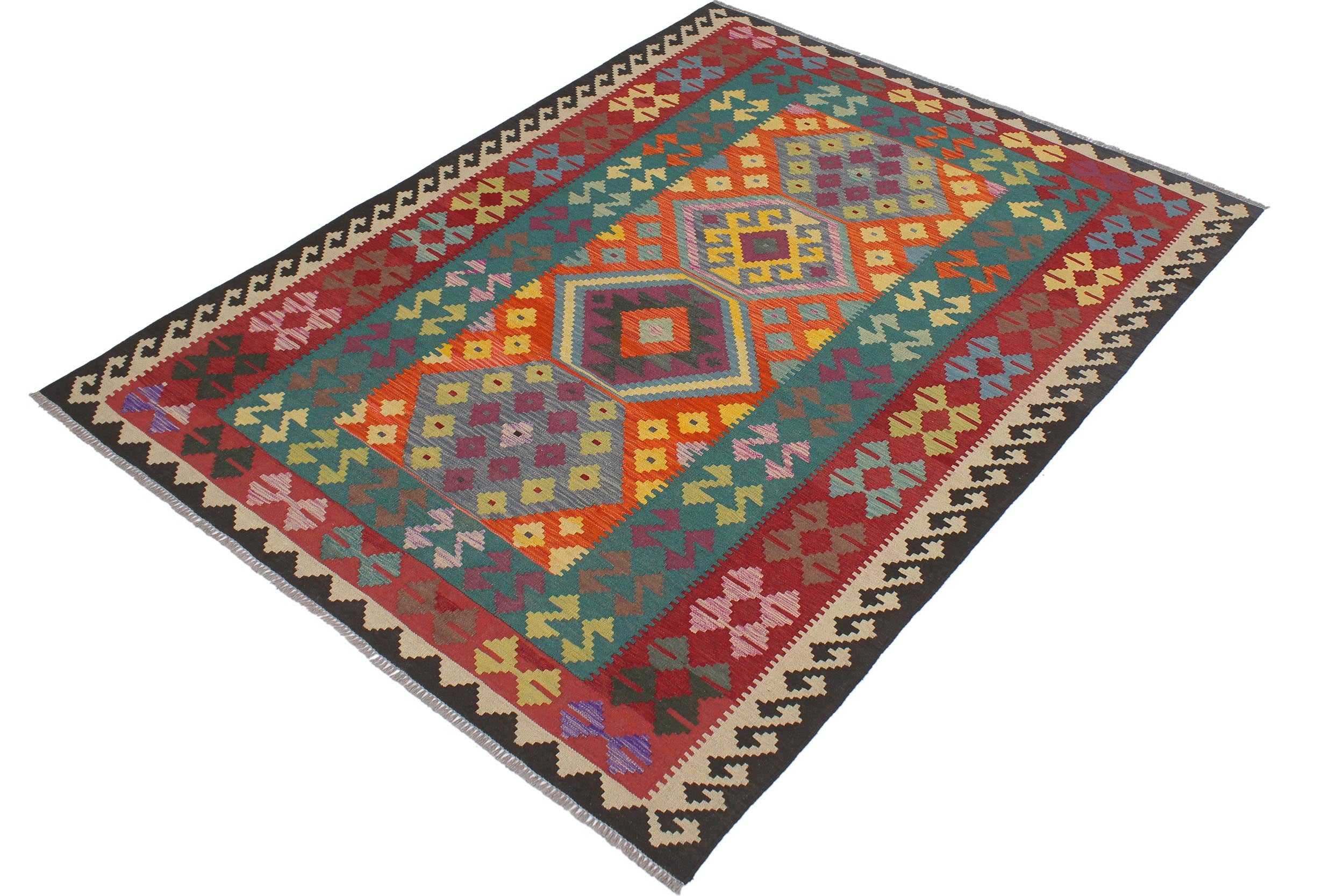 handmade Geometric Kilim Blue Red Hand-Woven RECTANGLE 100% WOOL area rug 6' x 8'