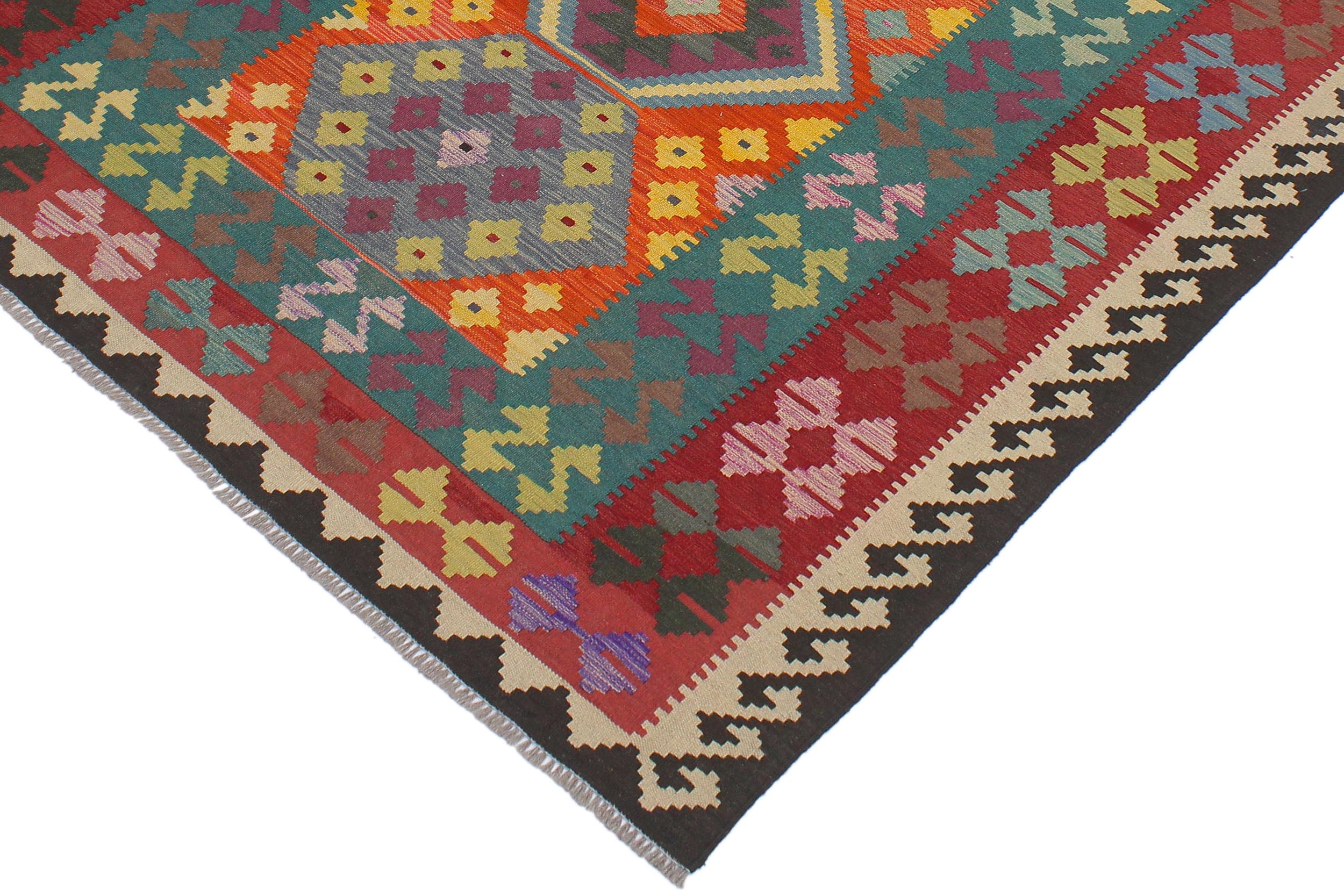 handmade Geometric Kilim Blue Red Hand-Woven RECTANGLE 100% WOOL area rug 6' x 8'
