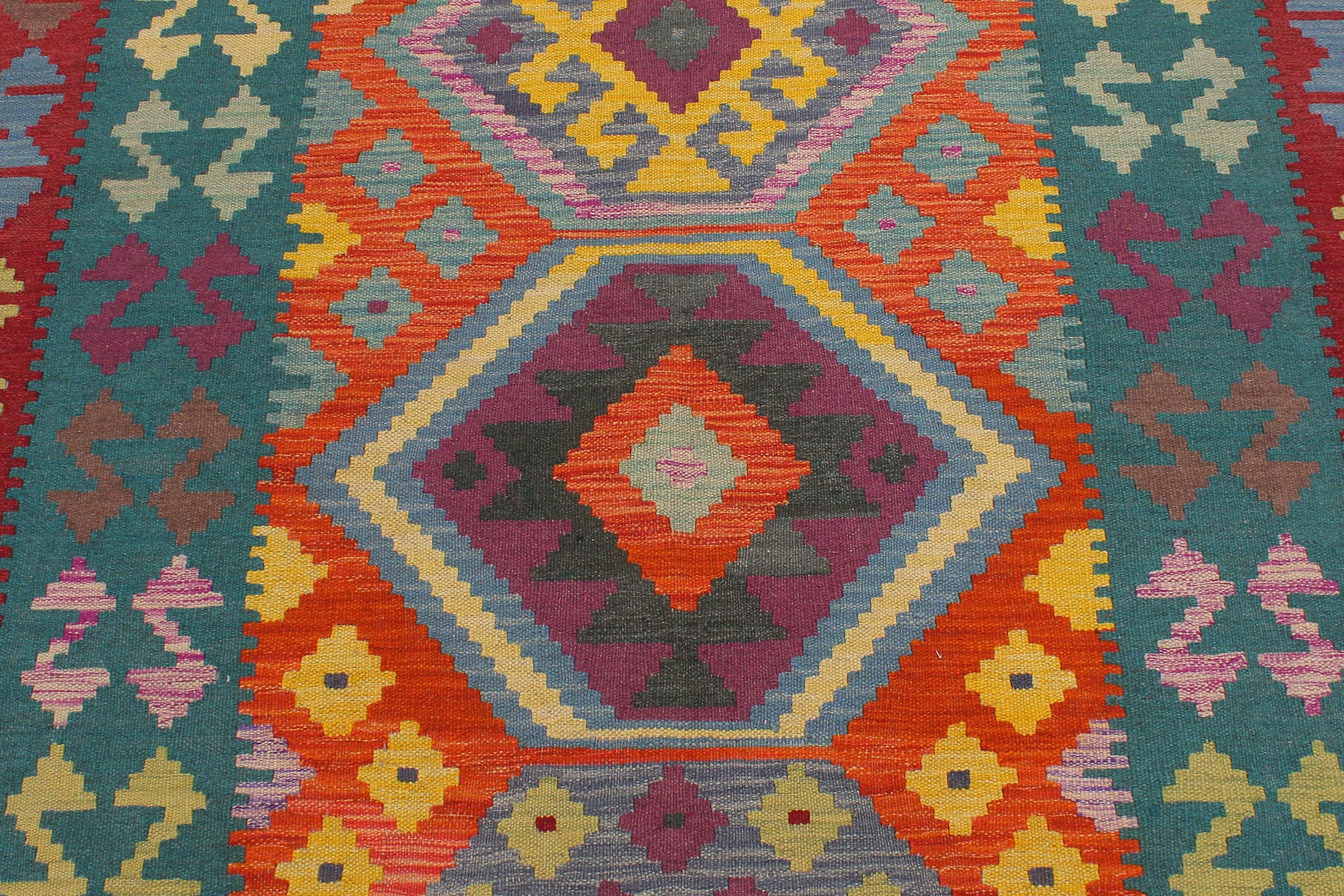 handmade Geometric Kilim Blue Red Hand-Woven RECTANGLE 100% WOOL area rug 6' x 8'