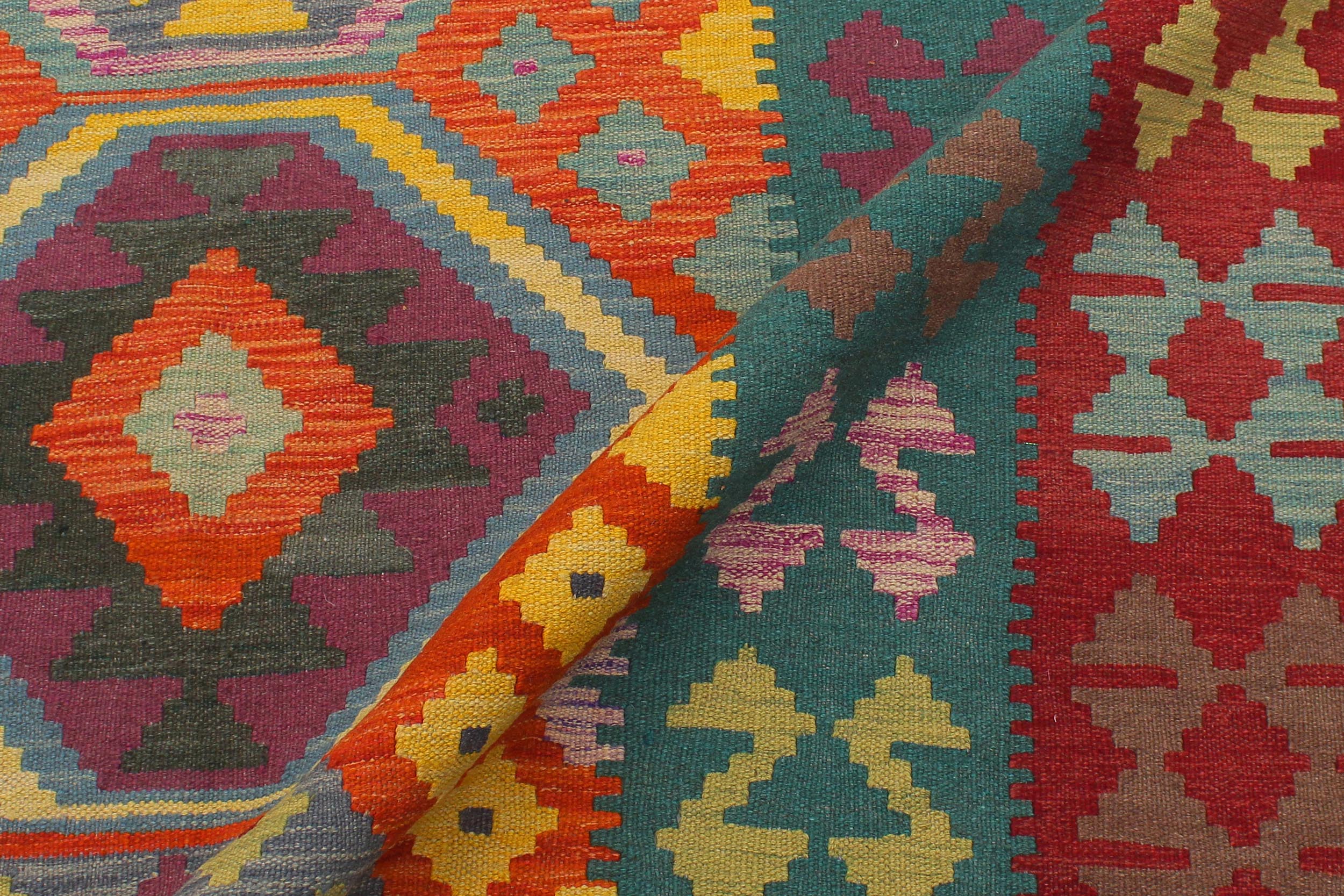 handmade Geometric Kilim Blue Red Hand-Woven RECTANGLE 100% WOOL area rug 6' x 8'