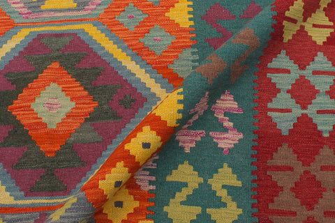 handmade Geometric Kilim Blue Red Hand-Woven RECTANGLE 100% WOOL area rug 6' x 8'