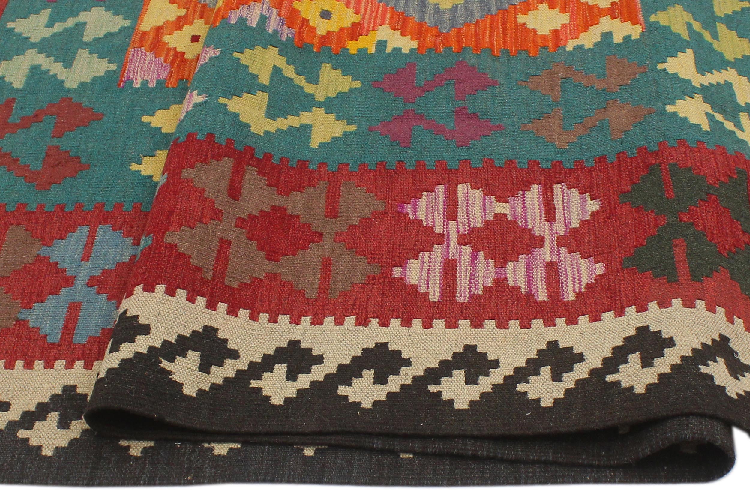 handmade Geometric Kilim Blue Red Hand-Woven RECTANGLE 100% WOOL area rug 6' x 8'