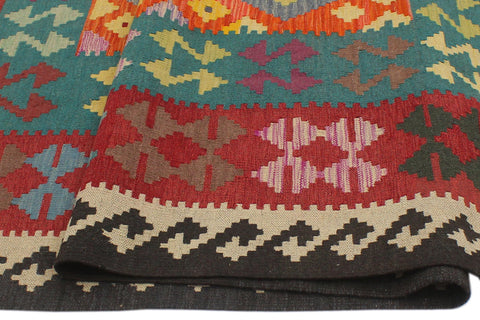 handmade Geometric Kilim Blue Red Hand-Woven RECTANGLE 100% WOOL area rug 6' x 8'