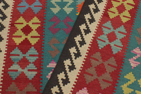 handmade Geometric Kilim Blue Red Hand-Woven RECTANGLE 100% WOOL area rug 6' x 8'