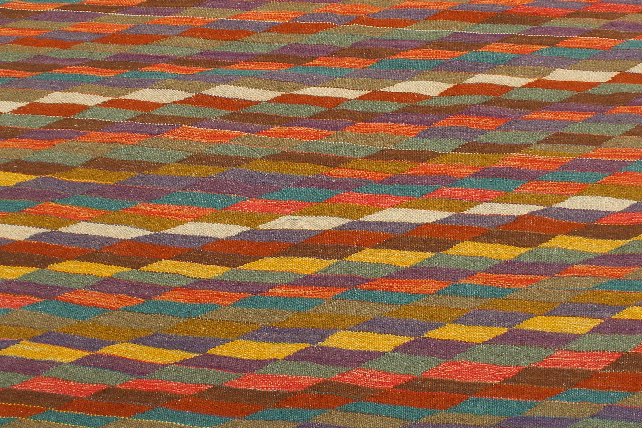 handmade Modern Kilim Rust Blue Hand-Woven RECTANGLE 100% WOOL area rug 6x8