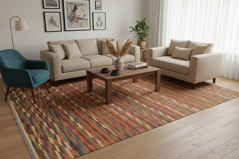 handmade Modern Kilim Rust Blue Hand-Woven RECTANGLE 100% WOOL area rug 6x8