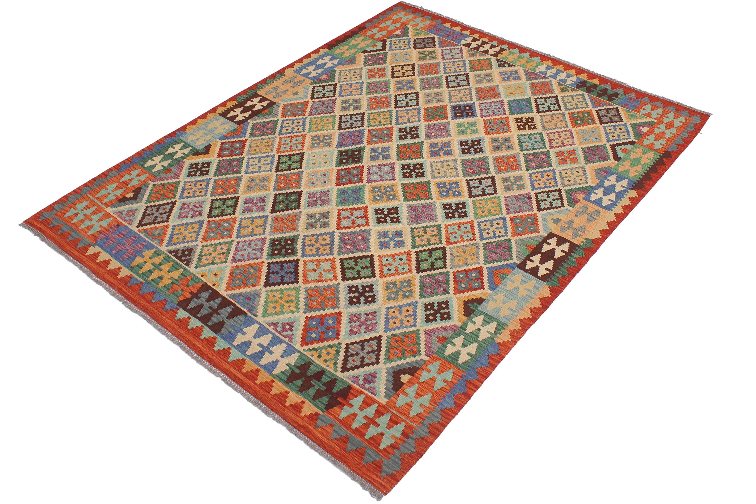 handmade Geometric Kilim Beige Rust Hand-Woven RECTANGLE 100% WOOL area rug 6 x 8