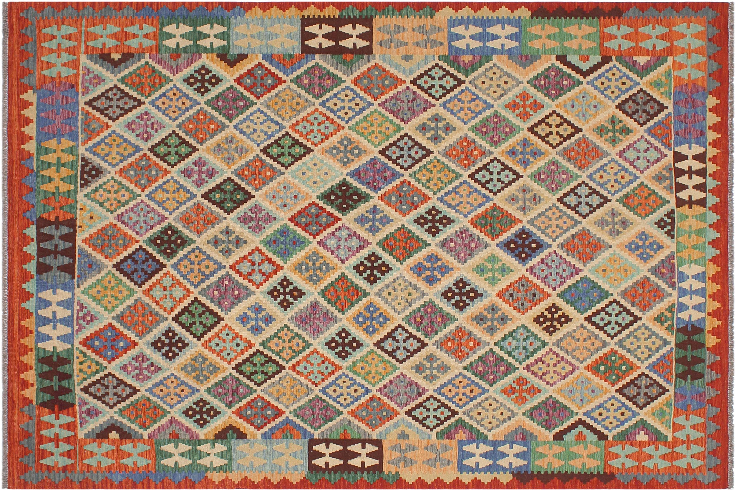 handmade Geometric Kilim Beige Rust Hand-Woven RECTANGLE 100% WOOL area rug 6 x 8