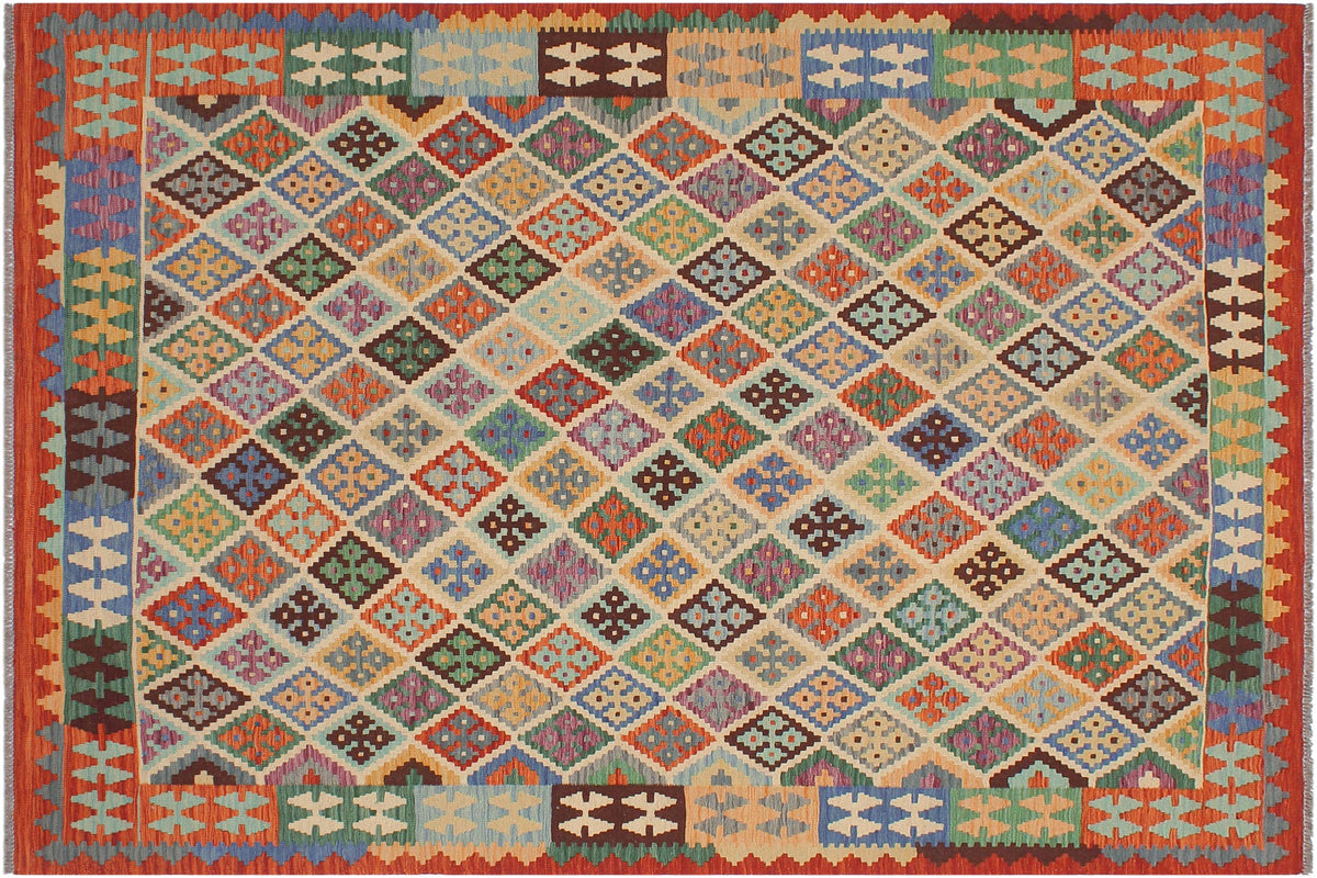 handmade Geometric Kilim Beige Rust Hand-Woven RECTANGLE 100% WOOL area rug 6 x 8