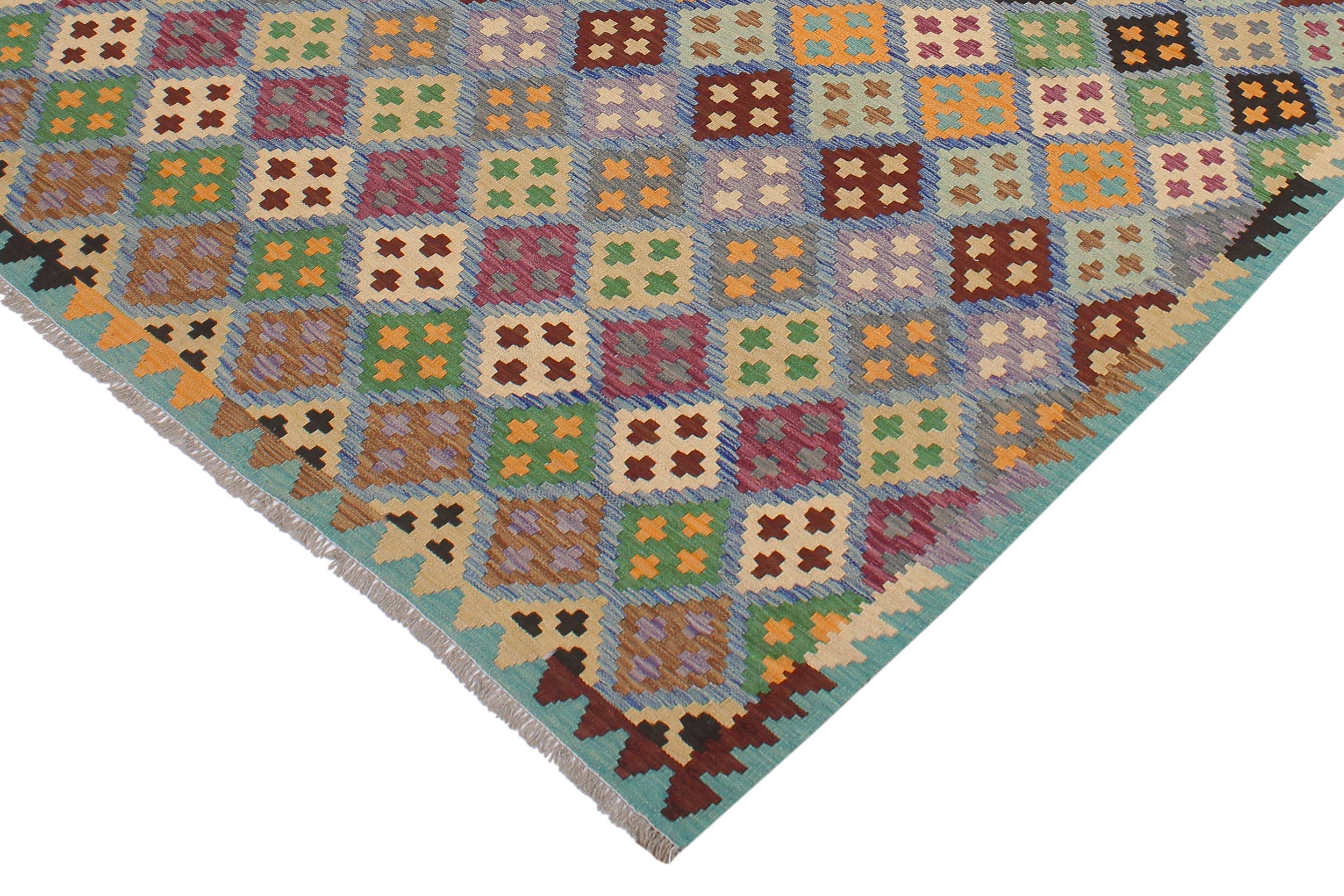 handmade Geometric Kilim Blue Beige Hand-Woven RECTANGLE 100% WOOL area rug 6 x 8