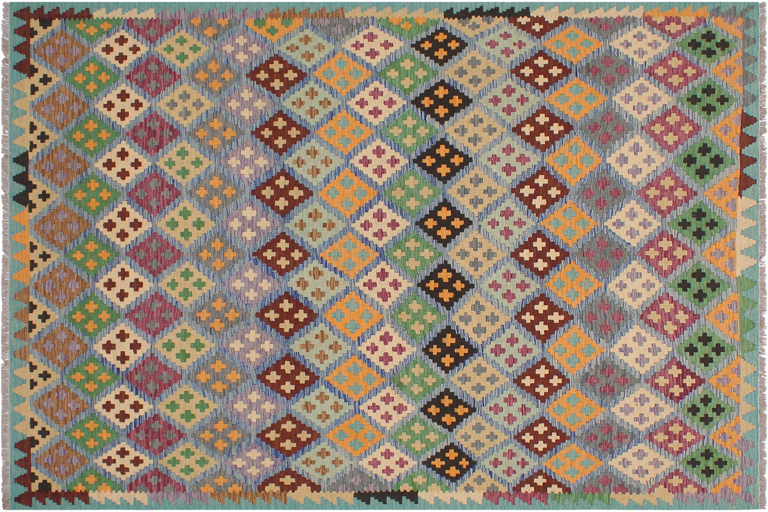 handmade Geometric Kilim Blue Beige Hand-Woven RECTANGLE 100% WOOL area rug 6 x 8