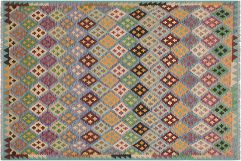 handmade Geometric Kilim Blue Beige Hand-Woven RECTANGLE 100% WOOL area rug 6 x 8