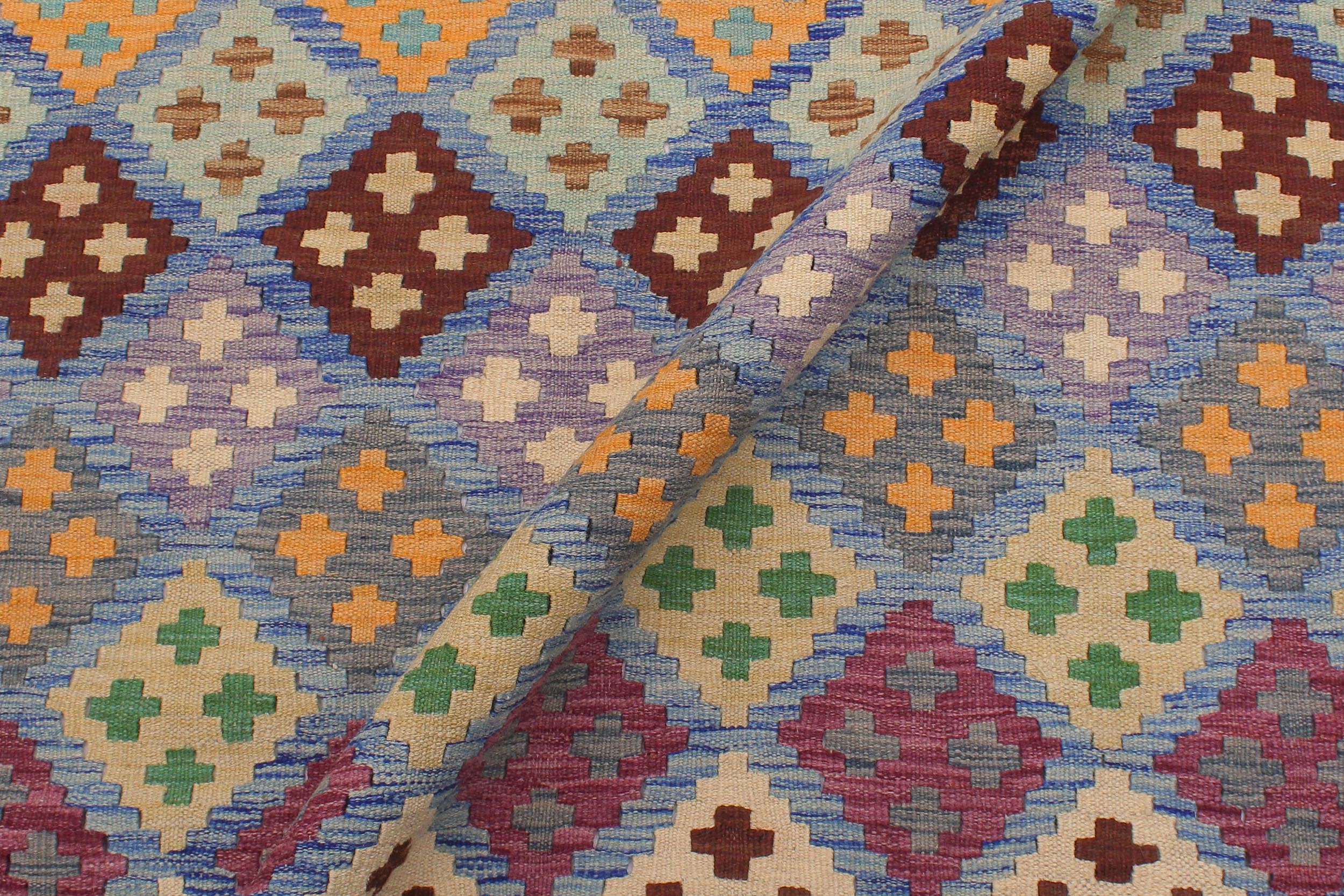 handmade Geometric Kilim Blue Beige Hand-Woven RECTANGLE 100% WOOL area rug 6 x 8