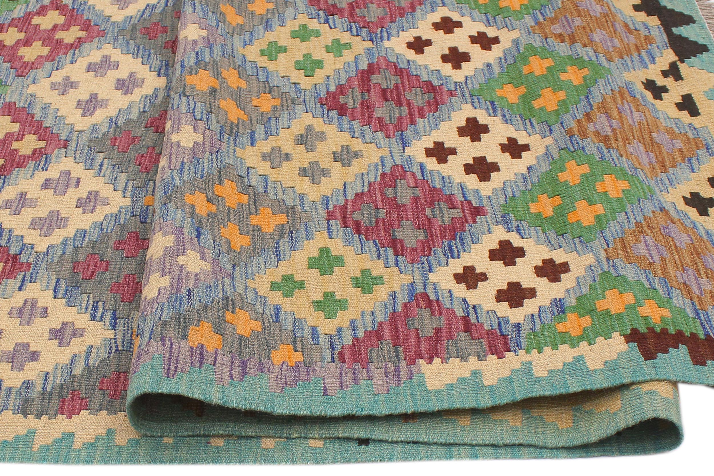 handmade Geometric Kilim Blue Beige Hand-Woven RECTANGLE 100% WOOL area rug 6 x 8