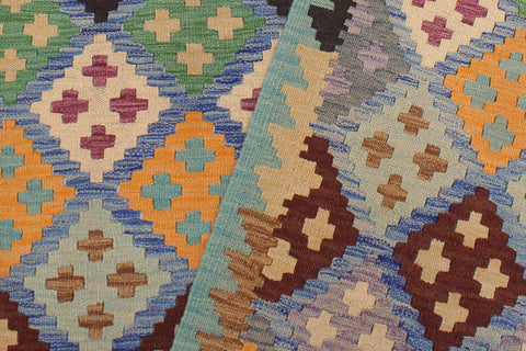 handmade Geometric Kilim Blue Beige Hand-Woven RECTANGLE 100% WOOL area rug 6 x 8