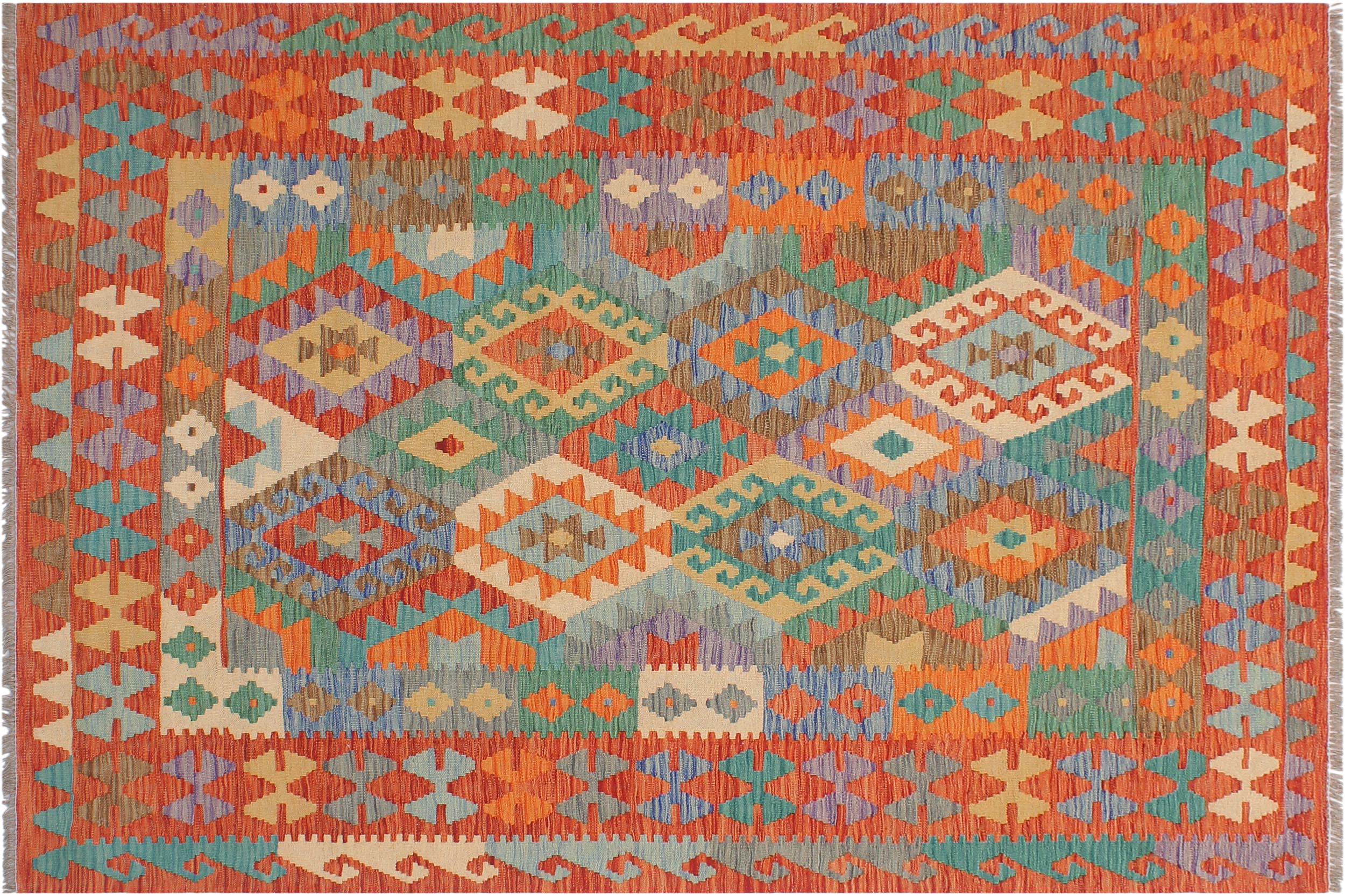 handmade Geometric Kilim Blue Rust Hand-Woven RECTANGLE 100% WOOL area rug 5 x 7