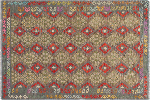 handmade Geometric Kilim Gray Red Hand-Woven RECTANGLE 100% WOOL area rug 6 x 8