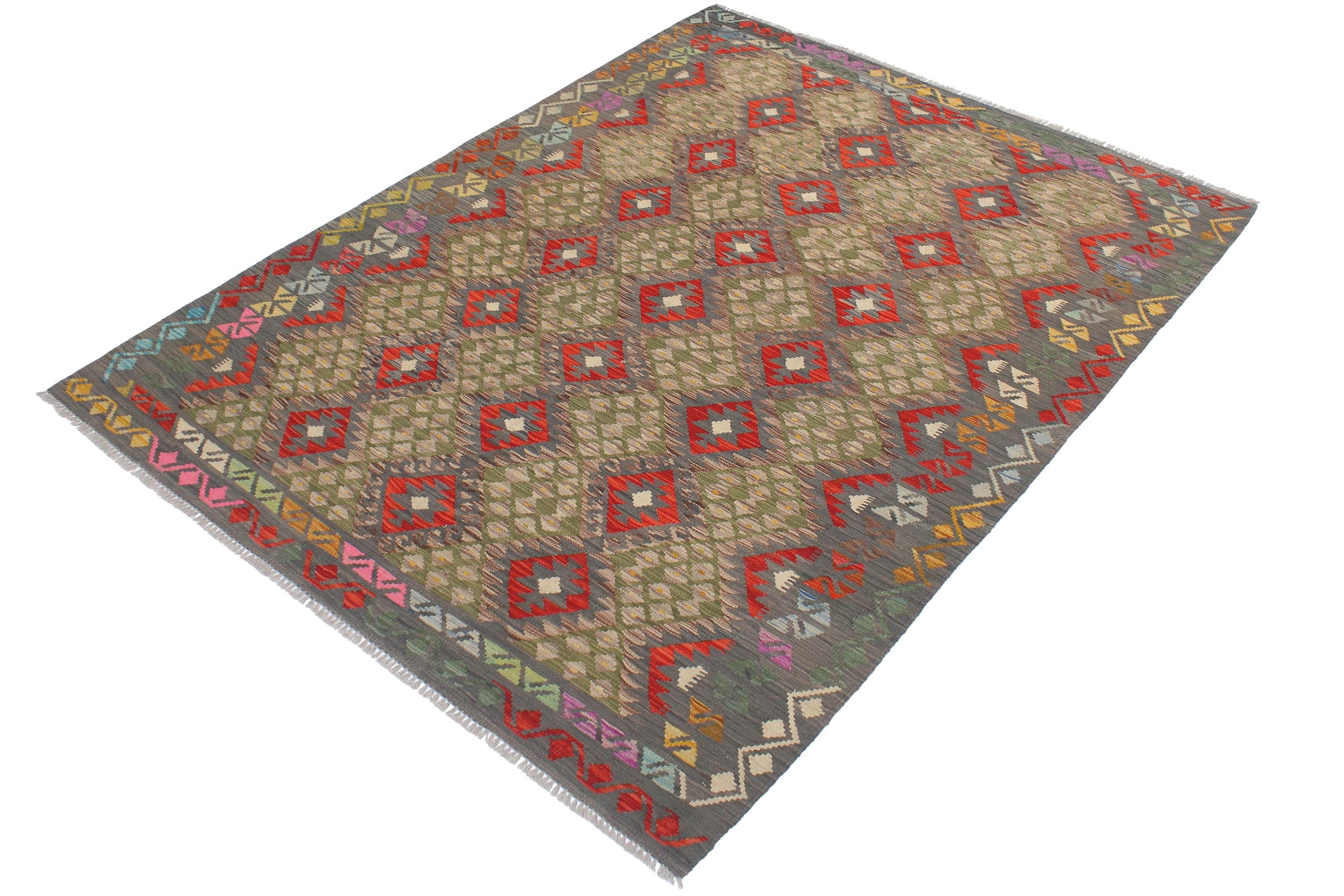handmade Geometric Kilim Gray Red Hand-Woven RECTANGLE 100% WOOL area rug 6 x 8