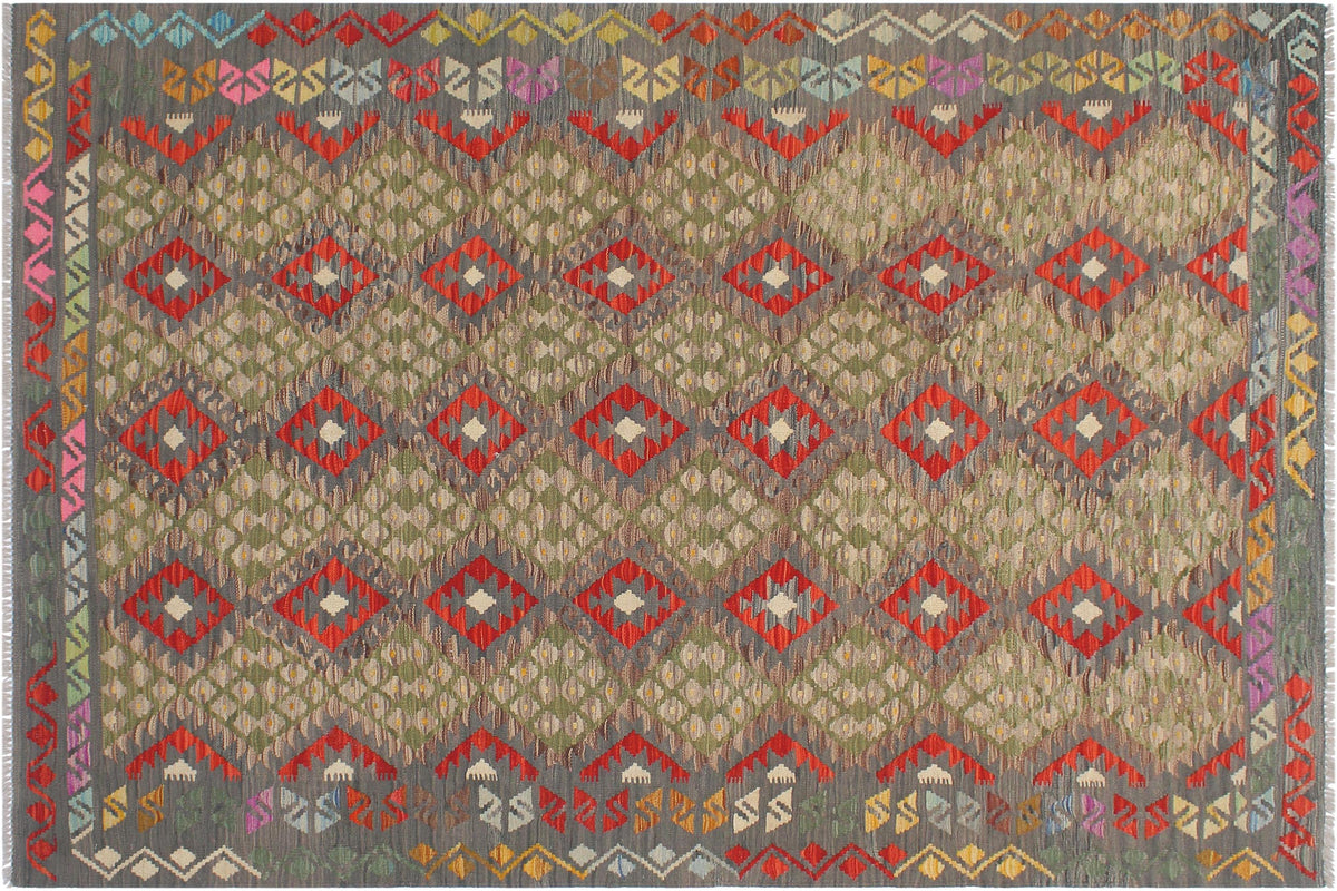 handmade Geometric Kilim Gray Red Hand-Woven RECTANGLE 100% WOOL area rug 6 x 8