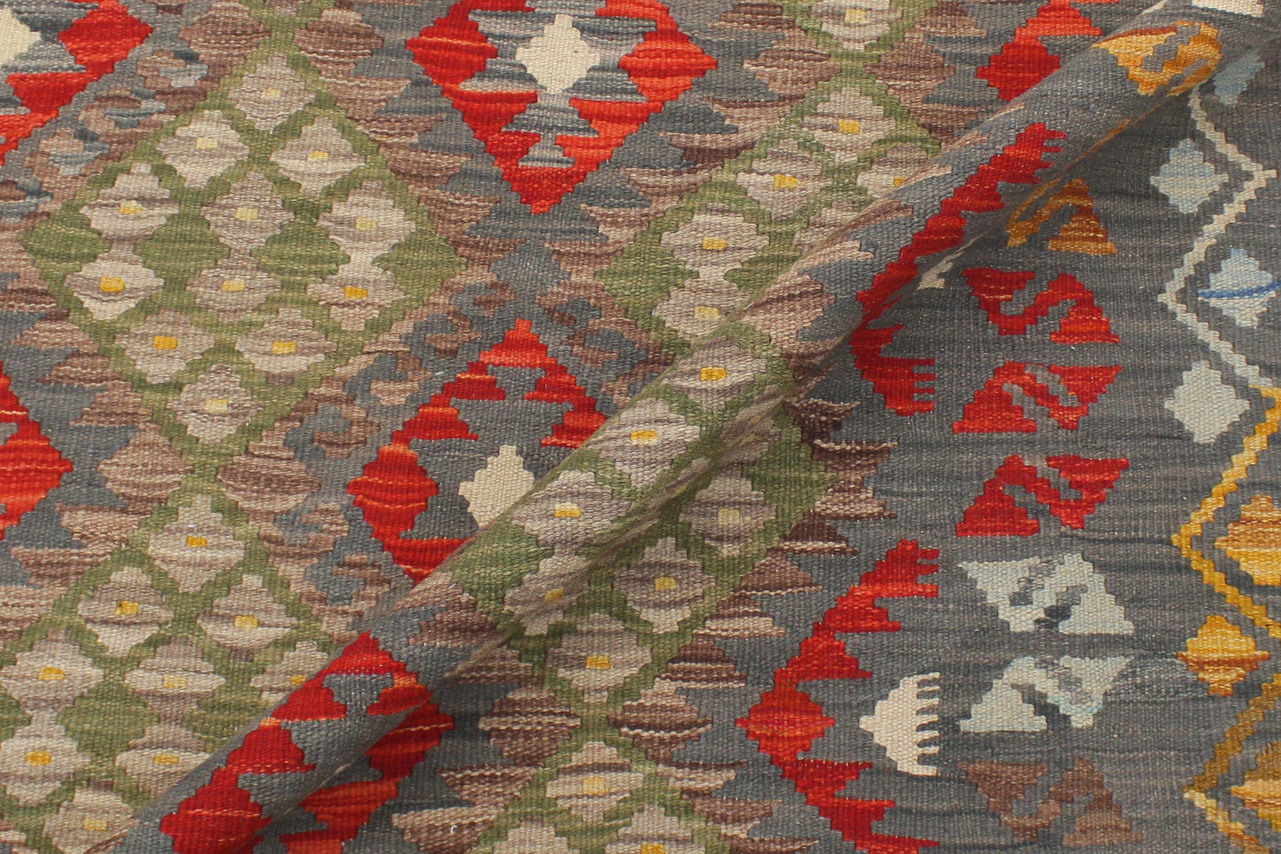 handmade Geometric Kilim Gray Red Hand-Woven RECTANGLE 100% WOOL area rug 6 x 8