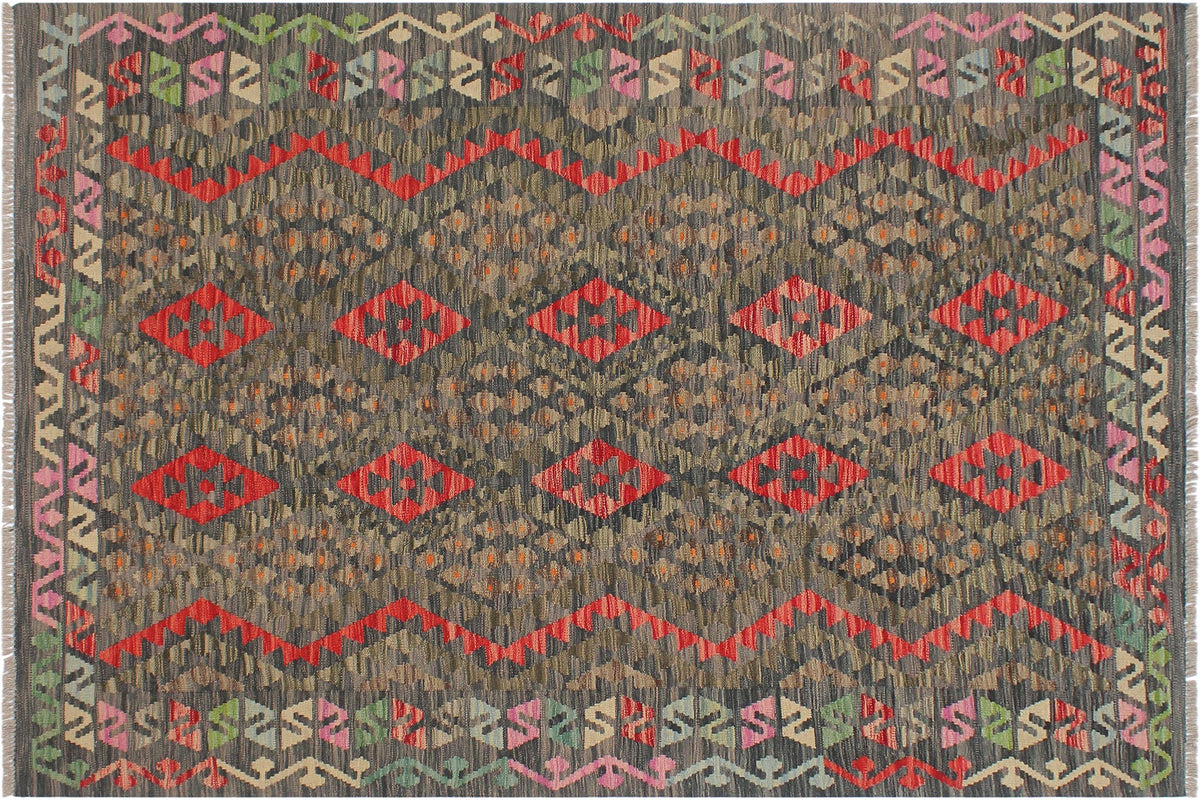 handmade Geometric Kilim Green Red Hand-Woven RECTANGLE 100% WOOL area rug 5 x 7