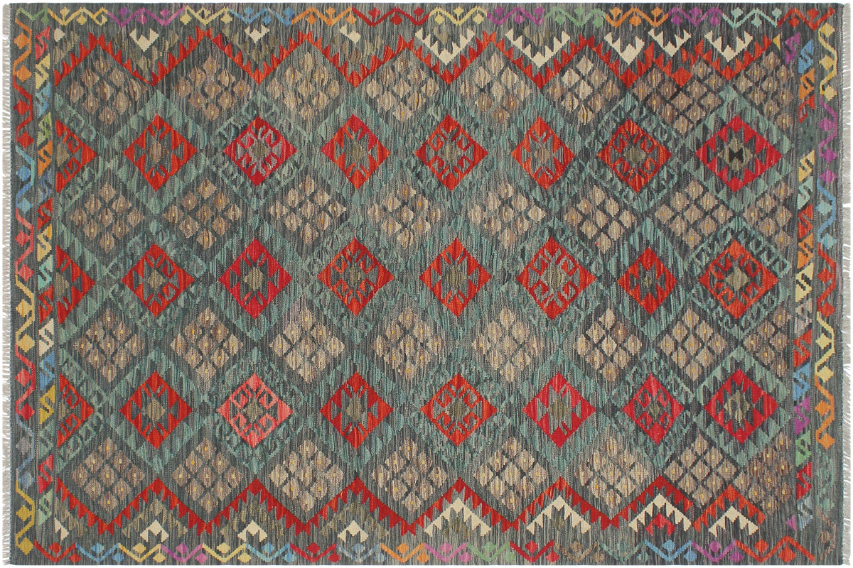 handmade Geometric Kilim Charcoal Rust Hand-Woven RECTANGLE 100% WOOL area rug 6 x 8