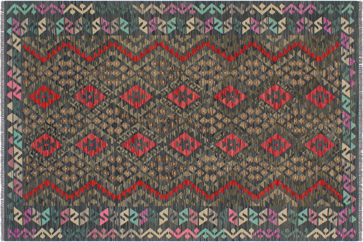 handmade Geometric Kilim Charcoal Rust Hand-Woven RECTANGLE 100% WOOL area rug 6 x 8